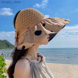 Visors Rimiut Summer Double-layered Sun Hat with Bow Tie Retro Womens Outdoor Breathable Wide-brimmed Sun Hat with Cow Spot Pattern Y240417