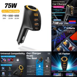 New 75W 3 Ports USB Car Charger Cigarette Lighter Adapter PD QC3.0 Super Fast Charging with Digital Display for Iphone Huawei Xiaomi