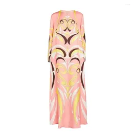 Casual Dresses Luxury Designer High Quality Women's Jersey Silk Geometric Printed Kaftan With Long Sleeve Loose Maxi Caftan Dress 2024