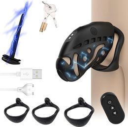 Electric Shock Male Cock Cage Chastity Device Set 9 E-stim Intensities Chastity Lock with 3 Rings Penis Plug Remote Control SM Bondage Adult Sex Toys for Men Penis