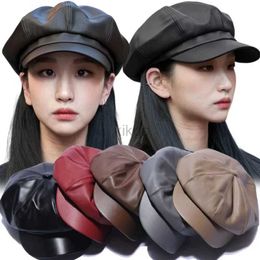 Berets PU Leather French Hats for Men Women Winter Warm Leather Newsboy Cap Female Korean Retro Octagonal Artist Painter Cabbie Beret d240417