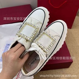 High Version r Family Summer Rhinestone Square Buckle Round Head Gear Thick Sole One Foot Canvas Loafers for Women