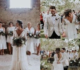 2019 Bohemian Wedding Dress Elegant Deep V Neck Long Sleeves Full Lace Country Garden Bride Bridal Gown Custom Made Plus Size2685794