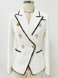 Women's Suits HIGH STREET Est Fashion 2024 Designer Jacket Slim Fitting Lion Buttons Contrast Color Fringed Tweed Blazer