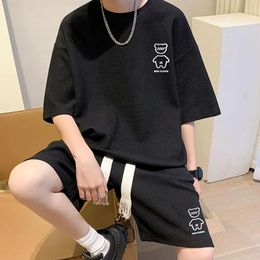 Korean Fashion Men Short Sets Hip Hop Rock Casual Suit Funny Bear Tshirts Shorts 2 Piece Set Summer Tracksuit Oversize 240411
