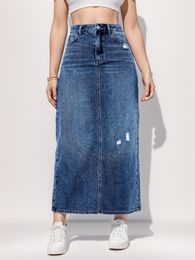 Women's Long Denim Skirts Casual Jean Skirt with Pockets Slit Stretch Plus Size Blue S M L XL XXL