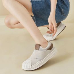 Casual Shoes Fashion 2024 Spring And Summer Shell Elastic Flat White Women's Show Feet Small Thick Bottom Soluble Sneakers