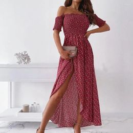 Casual Dresses Women Dress Shoulder-less Breathable Frill Flower Print Maxi Prom Clothes Summer Elegant Evening Party