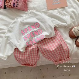 Summer Little Girls Children Clothing Set Two 2 Piece Set T Shirt TopPants Plaid Baby Clothes Kids Birthday Outfits 240416