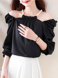 Women's Blouses Women Blouse Elegant Off Shoulder Hollow Out Puff Sleeve Sweet Pearl Halter Loose Sexy Shirts Solid Ladies Fashion Tops