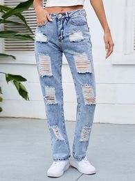 Women's Jeans S-3XL Washed Ripped Mid-waist For Women Blue Straight Denim Pants Plus Size Casual