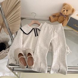 Clothing Sets 2024 Spring Kid Girl Turn-down Collar Grey Long Sleeves Sweatshirts Casual Pants Children Outfits