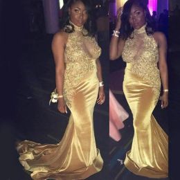 African Gold Prom Dresses Mermaid Halter Velvet Halter Lace Applique Beaded 2024 Newest Sweep Train Sleeveless Evening Party Gown