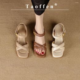 Dress Shoes Taoffen Genuine Cow Leather Sandals Women Low-heeled Gladiator Casual Open Toe Vintage Roma Buckle Strap