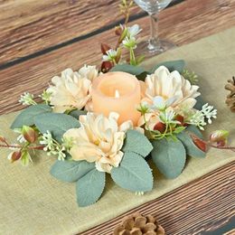 Decorative Flowers Artificial Wreath Candle Ring Desktop Decoration Elegant Dahlia With Green Leaves For Home