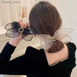 Hair Rubber Bands Korean Fashion Rhinestone Gauze Bow Hair Bands Elegant Big Size Elastic Hair Ties Headwear Girls Women Hair Accessories Y240417