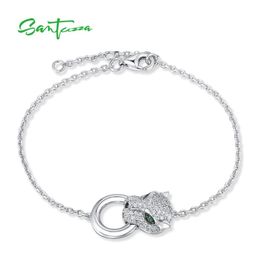 SANTUZZA 100 925 Sterling Silver Bracelet For Women Leopard Panther Green Black Spinel White Zirconia Adjustable Fine Jewelry 2107639566