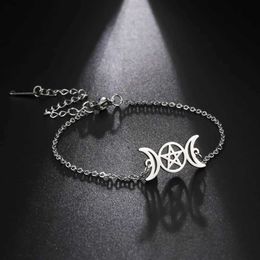 Bangle Skyrim Triple Moon Goddess Bracelets for Women Stainless Steel Pentagram Wicca Charm Bracelets Magic Pentacle Witch Jewellery GiftL240417