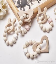 4 Baby Nursing Bracelets Wooden Teether Silicone Beads Teething Wood Rattles Toys Baby Cartoon Animal Teether Bracelets Nursing To4773659