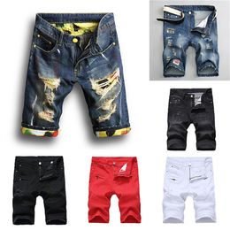 Men's jeans pants baggy jeans summer American tide shorts broken holes patch zipper five pants elastic Slim straight jeans