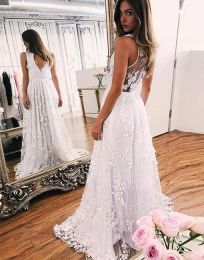 2024 Vintage V Neck A-Line Wedding Dresses Lace Appliue Rhinestones Illusion Back Plus Size Custom Made Beach Wedding Gown