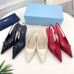 10a top quality prad leather Designers Dress Shoes Womens Luxury slipper Slim High Heel shoe fashion triangle sandel wedding Sexy heels mens sunny Party dance shoe