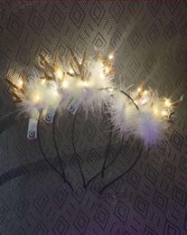 LED Fluffy Feather Antlers Headband Christmas Glowing Light Up Flashing Deer Ears Hairband Costume Fancy Cosplay Party Decor with 8573054