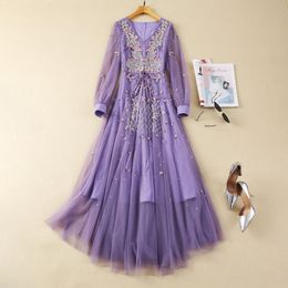 Spring Purple Floral Embroidery Beaded Dress Long Sleeve V-Neck Belted Long Maxi Casual Dresses S4J160110 Plus Size XXL