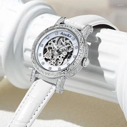 Wristwatches Luxury Automatic Mechanical Watch For Women Elegant Skeleton Watches Gifts Waterproof Fashion Trend White Leather Ladies