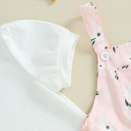 Clothing Sets Toddler Baby Girl Overalls Shorts Set Ribbed Short Sleeve T-Shirt Floral Suspenders Headband Summer Outfit