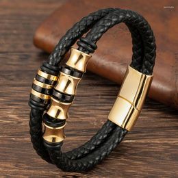 Charm Bracelets Gold Men Leather Bracelet Stainless Steel Fashion Wristband Magnetic Clasp Punk Jewelry Handmade Accessories Gifts For