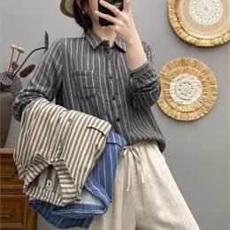 Women's Blouses Women Striped Shirts Cotton Yarn Blue Long Sleeve Lady Tops Casual Female Clothes