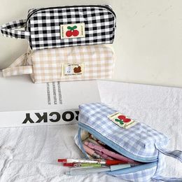 Japanese Style Grid Pencil Bag Simple Large Capacity Case Cosmetic Storage Pouch Cute Stationery School Supplies