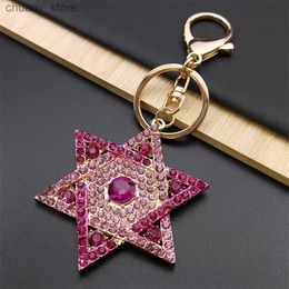 Keychains Lanyards Hexagram Star of David Blessing Keychain for Women Men Pink Rhinestone Gold Color Je Key Chains Jewelry chaveiro K9646S01 Y240417