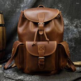 Backpack Durable Men's Crazy Horse Leather Backpacks Vintage Genuine Laptop Men Women Unisex Cow School Bag