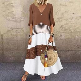 Casual Dresses Women Dress Classic Thin Maxi Dot Patchwork Printed Buttons Shirt Female Clothes