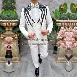 Men's Suits Luxury White With Beaded Groom Wedding Tuxedos Custom Made Single Breasted Jacket Vest Pants 3 Pieces Man Banquet Clothing