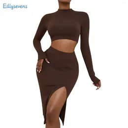 Casual Dresses Women Skirt 2 Pieces Long Sleeve Half Turtleneck Crop Tops Spring Autumn Slit High Waist Skirts Sets Trend Slim Streetwear