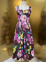 Runway 100% Cotton Floral Print Dresses for Women Summer Designer Fashion Spaghetti Strap Midi Dress Backless Sexy Party Vestidos Holiday Casual Robe Femmes