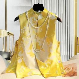 Women's Vests Yellow Retro Young Lady National Wind Cardigan Vest Coat Spring And Autumn Jacquard Satin Waistcoat Loose Woman
