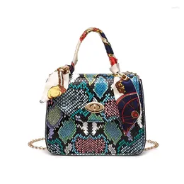 Shoulder Bags Women's Casual Tote Handbag 2024 Summer Retro Colorful Snake Small Flap Purse Ribbon Decor Turn Lock Closed Chain Bag