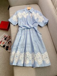 Spring Summer Blue Striped Print Panelled Lace Cotton Dress Short Sleeve Lapel Neck Midi Casual Dresses W4A164283