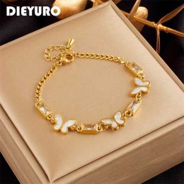 Bangle DIEYURO 316L Stainless Steel White Square Crystal Butterfly Charm Bracelet For Women New Fashion Girls Bangles Jewellery GiftsL240417