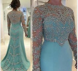 2021 Mint Green New Mother Of The Bride Dresses Silver Lace Appliques Beaded Long Sleeves Illusion Plus Size Party Dress Wedding G7831093