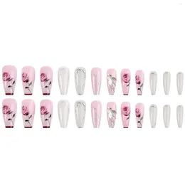 False Nails French Light Pink Press on with Rose Printed Chip-Proof Smudge-Proof Fake Women and Girl Nail Salon