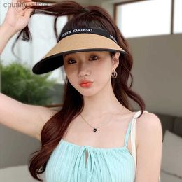 Visors Korean New Summer Outdoor Sunscreen UV Protection Womens Double Layer Woven Straw Hat Holiday Empty roof Beach Hat Sunbathing Y240417