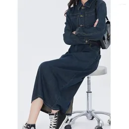 Casual Dresses Women Denim French Retro Long-sleeved Dress Advanced Waist Slimming Shirt Mid-length With Versatile Temperament