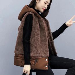 Women's Vests Autumn Winter Sleeveless Casual Thick Gilet Femme Hiver Loose Zipper Warm Waistcoat Hooded Lamb Wool Vest Jacket Women