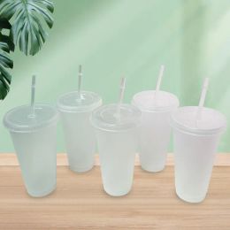 24oz Clear Cup Plastic Mugs Transparent Tumbler Summer Reusable Cold Drinking Coffee Juice Mug with Lid and Straw 11 LL