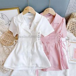 Girl Dresses Kids Girls Summer Dress Jacket Solid Colour Short Sleeve Lapel Buttons Bandage Waist Blazer Fashion Baby Clothes